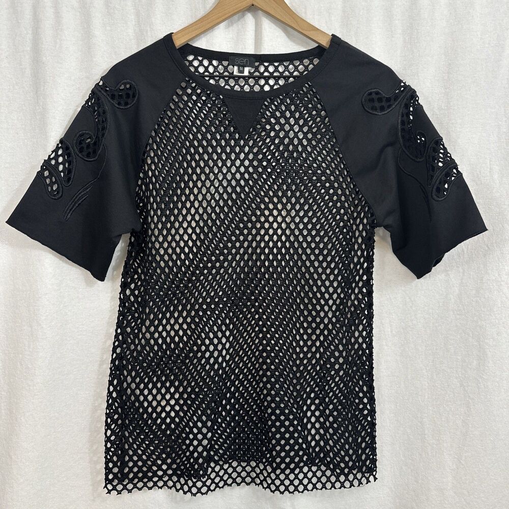 SEN Black Open Knit Sheer Net Short Sleeve Cover-up Top Womens Size M